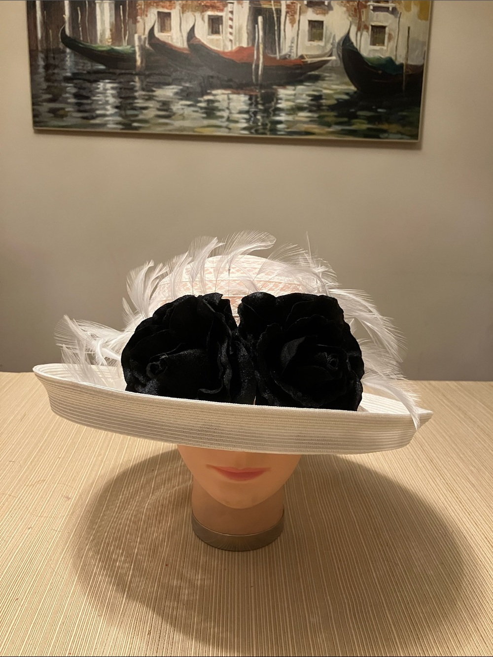 Elegant White Feather Hat with Black Velvet Rose Accents